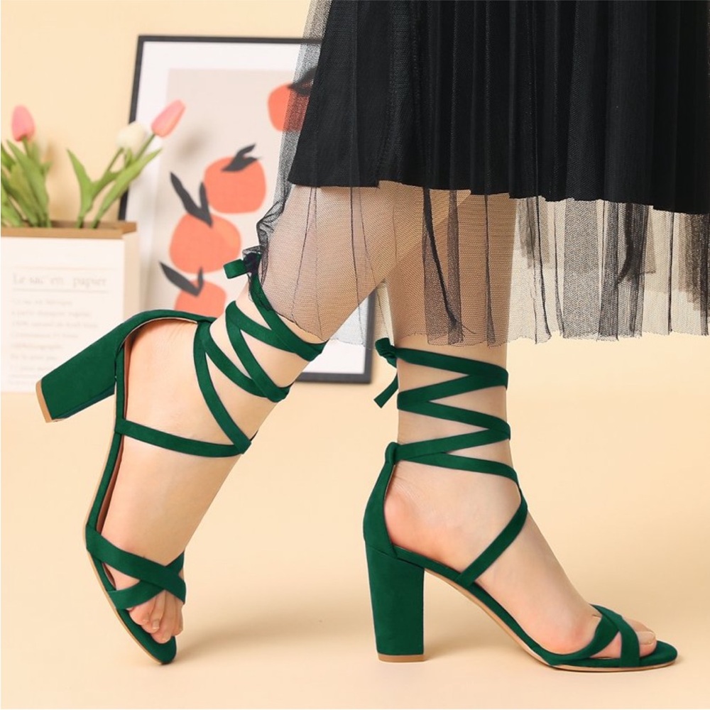 Allegra K Emerald Green Faux Suede Lace Up Block Heels 8.5
